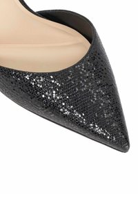 Black pointed-toe pump featuring a textured snakeskin pattern, glossy finish, and a nude interior. Smooth upper with a sleek silhouette.