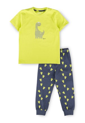 Zweiteiliger Kinderanzug mit limonengrünem Kurzarmshirt, das einen lächelnden Dinosaurier zeigt, und dunkelblauen Hosen mit gelben Dinosaurierfußabdrücken.
