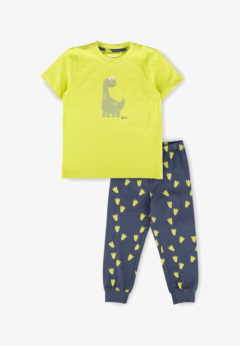 Completo per bambini composto da una maglietta a maniche corte verde lime con un dinosauro sorridente e pantaloni blu navy con impronte di dinosauro gialle.