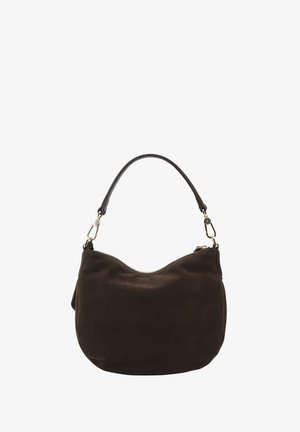 Borsa in suede marrone con forma curvata, tracolla in pelle nera e finiture in oro; presenta una chiusura con zip lungo il bordo superiore.