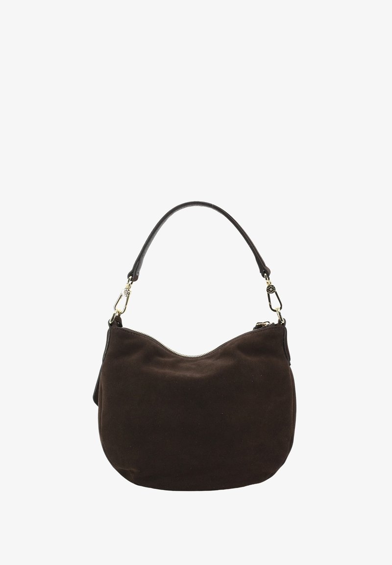 Brown suede handbag with a curved shape, black leather strap, and gold hardware; features a zipper closure along the top edge.