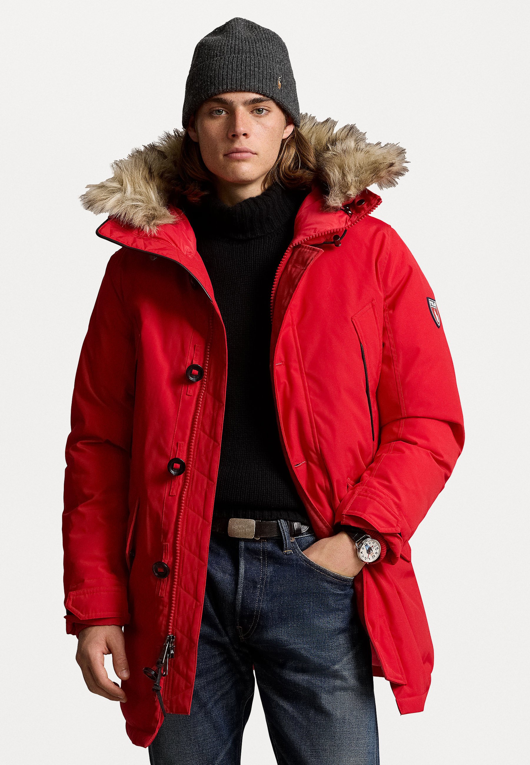Clothing Clearance Parka Coat Red Coat With Fur Trim Hood Polo