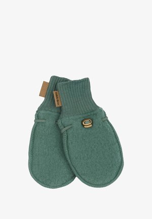 Fleece mittens in soft green with ribbed cuffs, featuring a stitched design and a decorative metal accent for secure closure.