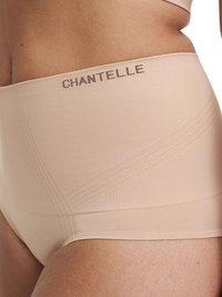 Nude high-waisted brief made of smooth fabric. Features subtle ribbed texture and "CHANTELLE" logo on the waistband. Simple design.