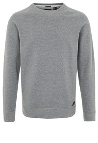 Ljusgrå crewneck-tröja med långärmar, ribbade muddar och fåll. Tillverkad av mjukt bomullsblandat tyg; har en liten logotypetikett vid fållen.