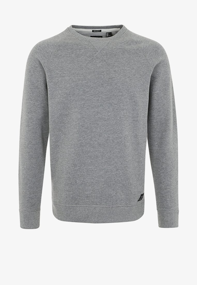 Jasnoszara bluza z długim rękawem i okrągłym dekoltem, z prążkowanymi mankietami i dolnym ściągaczem. Wykonana z miękkiej bawełnianej mieszanki; posiada małą metkę z logo przy dolnej krawędzi.