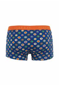 Boxer da uomo blu con elastico arancione e motivi circolari colorati che raffigurano maiali, elefanti, quadrifogli e fragole.