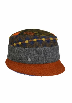 Multicolored woolen bucket hat with orange brim, gray band, and patterned top featuring yellow dots and blue accents.