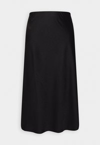 Jupe midi noire taille haute en tissu lisse légèrement brillant et coupe simple et droite.