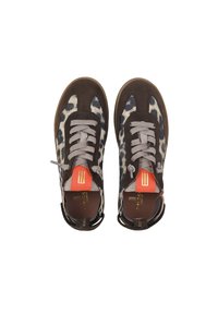 Brown and off-white sneakers with leopard print, grey laces, and orange accents. Suede and fabric materials, rounded toe, low profile design.