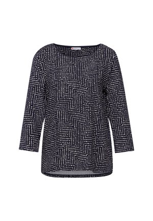 Námořnický top s tříčtvrtečními rukávy, zdobený geometrickým vzorem bílých teček a čar. Vyroben z měkké, prodyšné látky.