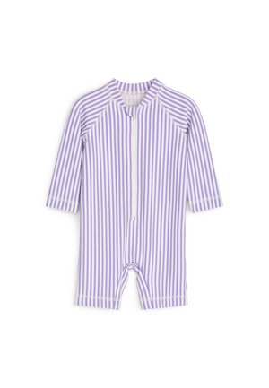 Mono de bebé de manga larga con rayas verticales en lavanda y blanco y cierre delantero con cremallera.