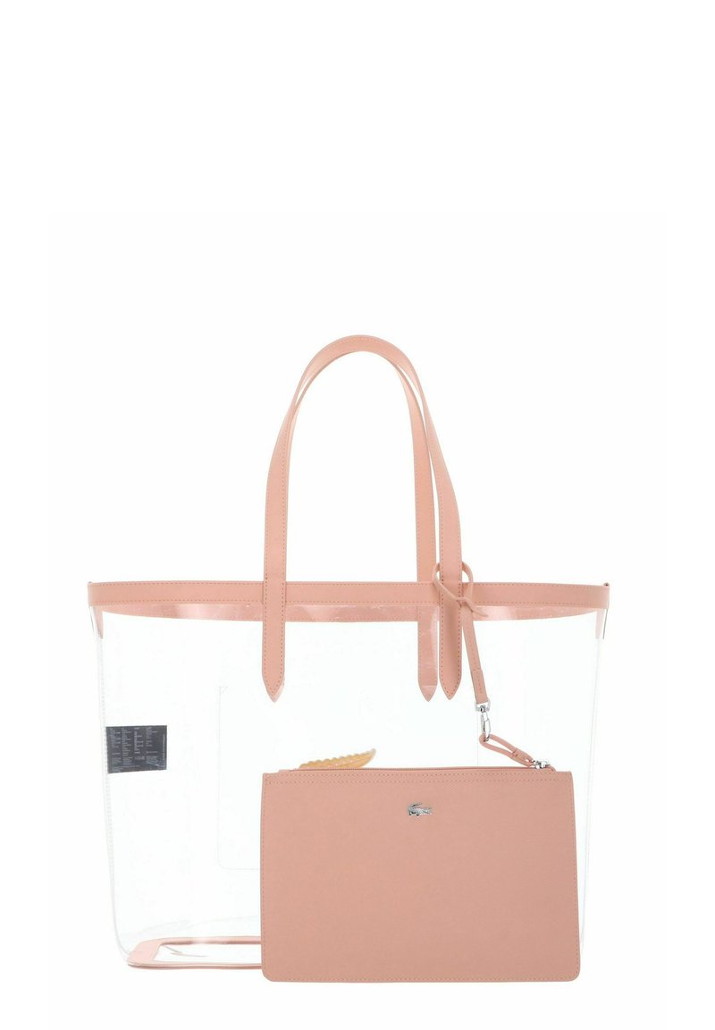 Borsa tote trasparente con manici e bordi rosa chiaro, contenente all'interno una pochette con zip rosa chiaro abbinata.