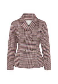 Veste blazer femme double boutonnage avec motif à carreaux rouge, beige et bleu marine et col à revers cranté sur fond blanc.