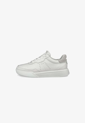 Sneaker en cuir blanc avec une finition lisse, des accents perforés, un col rembourré et une semelle en caoutchouc. Doté de lacets plats et d'un design minimaliste.