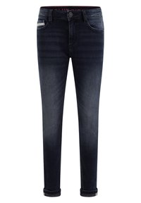 Tummansiniset farkut, joissa on slim fit -malli, kääritty helma, klassinen viiden taskun malli ja hienovarainen haalistuma edessä.