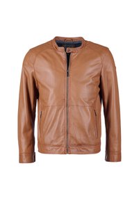 Braune Lederjacke mit Reißverschluss vorne, rundem Kragen, zwei seitlichen Taschen und glatter Textur. Hat eine taillierte Passform und minimale Nahtdetails.
