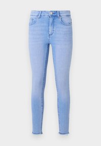 Light blue skinny jeans made of denim, featuring a high waist, five-pocket design, and slightly frayed hem at the ankles.