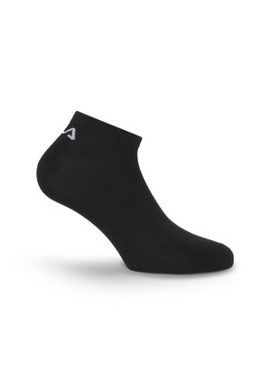 Černá kotníková ponožka s malým bílým logem poblíž lemu, zobrazena na bílém pozadí.