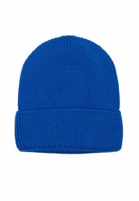 Cappello di lana blu con una texture a coste e risvolto, dotato di una parte superiore liscia e cuciture uniformi in tutto.