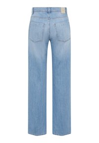 Jeans de mezclilla de color azul claro, de pierna ancha y corte recto, con dos bolsillos traseros y detalles de costura mínimos.