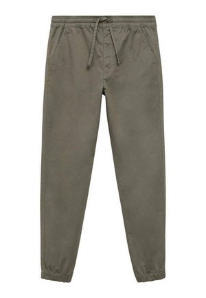 Olijfgroene casual broek met elastische tailleband en trekkoord, zijzakken en elastische boorden bij de enkels.