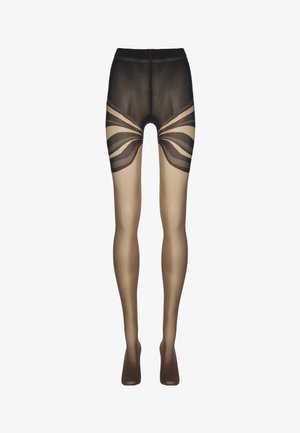 Calze sheer nere e nude con un motivo geometrico nero, caratterizzate da una texture liscia e una vita alta per un buon supporto.