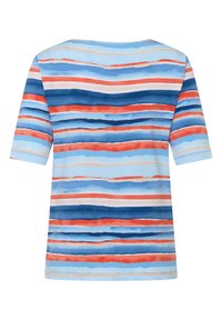 Short-sleeve top featuring alternating stripes in blue, red, and white. Soft fabric with a relaxed fit and rounded neckline.