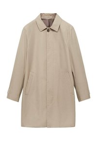 Beige trenchcoat med krage, två sidofickor och rak silhuett. Har en enkel knappstängning och manschettdetaljer.