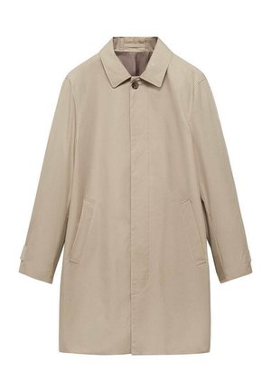 Beige trench coat with a collared neck, two side pockets, and a straight silhouette. Features a single button closure and cuff accents.