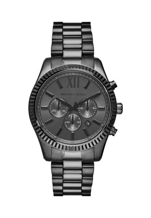 Schwarze Michael Kors Armbanduhr aus Edelstahl mit analogen Anzeige, drei Totalisatoren, Datumsfenster und Gliederarmband.