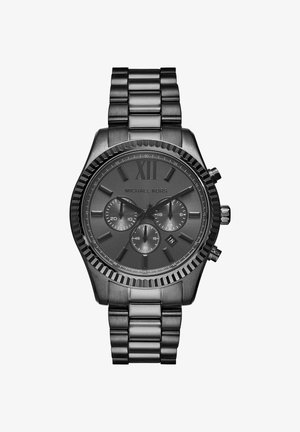 Czarny zegarek Michael Kors ze stali nierdzewnej z analogowym wyświetlaczem, trzema tarczami pomocniczymi, okienkiem daty oraz bransoletą z łączonymi ogniwami.