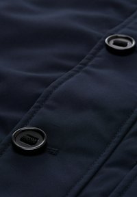 Navy stof close-up met een gladde textuur, knoopdetails en zichtbare stiksels, toont een strak ontwerp dat geschikt is voor buitenkleding.