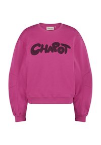 Felpa rosa con colletto a girocollo a coste, maniche oversized e un logo "CHAPOT" nero testurizzato sul davanti. Tessuto di cotone liscio.