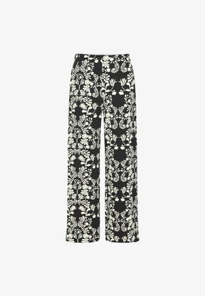 Schwarz gestreifte weit geschnittene Hosen aus Stoff mit einem weißen Blumenmuster. Glatte Textur mit einem hohen Taillenbund, geeignet für legere oder formelle Anlässe.