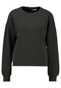Sudadera de punto gris oscuro con cuello redondo y mangas largas. Presenta una media cremallera en la parte posterior y un corte holgado.