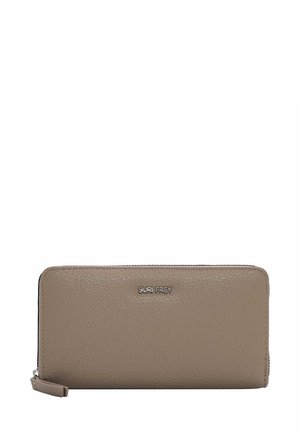 Leder-Brieftasche in Taubengrau, mit strukturierter Oberfläche, Reißverschluss und einem auf der Vorderseite geprägten Logo. Kompakte rechteckige Form.