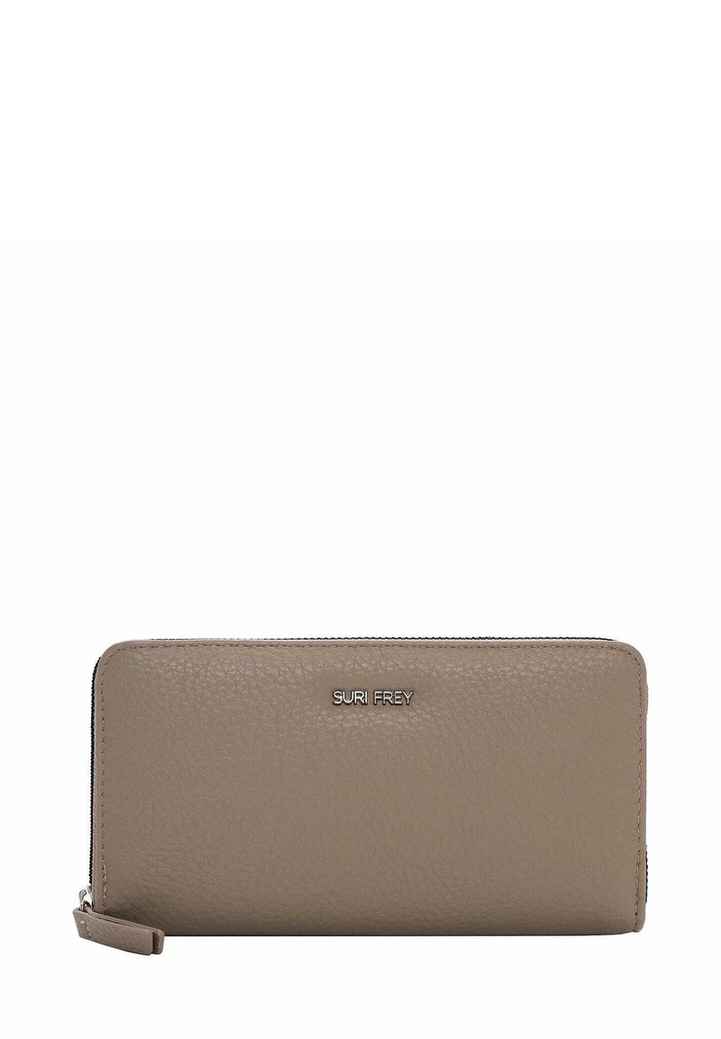 Leren portemonnee in taupe, met een gestructureerde afwerking, ritsluiting en een logo dat op de voorkant is gedrukt. Compact rechthoekige vorm.