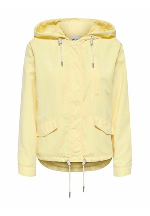 Lichtgele gewatteerde jas met capuchon, voorflapzakken, verstelbare trekkoorden aan de capuchon en zoom, en lange mouwen.