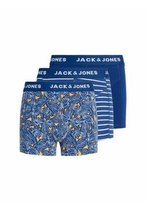 Tre par herreboxershorts fra Jack & Jones i blå: et ensfarvet, et stribet og et med et gult og hvidt bladmønster.