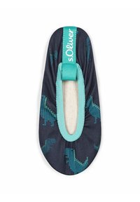 Blauer dinosaurierförmiger Slipper aus textilem Obermaterial, mit elastischem Einstieg und türkisfarbenen Akzenten; leicht und flexibel im Design.