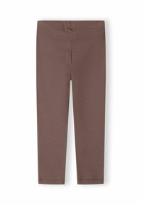 Bruine geribbelde stoffen legging met een elastische tailleband, plat weergegeven op een witte achtergrond.