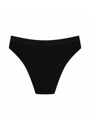Black ribbed fabric bikini panties with a smooth waistband and minimalist design, featuring a moderate coverage shape and no visible hardware.