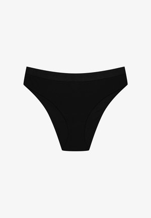 Black ribbed fabric bikini panties with a smooth waistband and minimalist design, featuring a moderate coverage shape and no visible hardware.