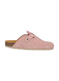 Rosa Wildleder-Slipper mit weiter Öffnung, runder Zehenpartie und dekorativem Riemen. Verfügt über eine Komfortsohle aus Kork und Gummi.