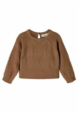 Brun strikket sweater med blomsterlignende broderi, rund hals, lange ærmer og knapdetalje bagpå. Tekstureret stof med ribbet kant.