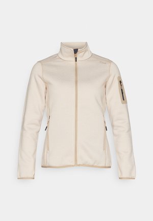 Casaco com fecho éclair em bege claro, com uma superfície texturizada, gola alta e mangas longas ajustadas. Apresenta bolsos laterais e um bolso na manga com fecho éclair.