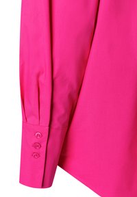 Pink button-up shirt featuring a long sleeve with a buttoned cuff and pleat detail, made of smooth fabric with a slightly shiny finish.