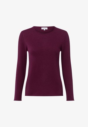 Maglione a maniche lunghe aderente di colore viola con scollo tondo, etichettato come taglia piccola, presentato su uno sfondo bianco.
