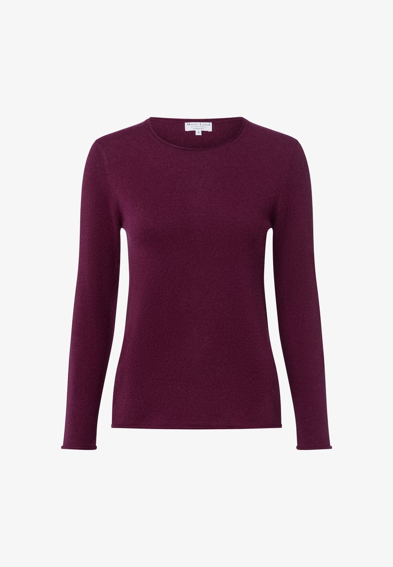 Langärmliger, taillierter lila Strickpullover mit Rundhalsausschnitt, Größe S, auf weißem Hintergrund präsentiert.